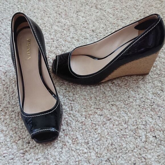 Prada Black patent leather Wedge Heels size 7.5 - Picture 2 of 7
